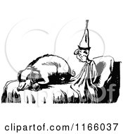 Clipart Of A Retro Vintage Black And White Pig Sleeping On A Mans Bed Royalty Free Vector Illustration