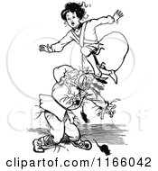 Clipart Of A Retro Vintage Black And White Girl Jumping Over A Scarecrow And Mice Royalty Free Vector Illustration