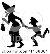 Clipart Of A Silhouetted Mother Walking With Her Son Royalty Free Vector Illustration