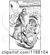 Clipart Of A Retro Vintage Black And White Warrior And Lions Battling A Serpent Royalty Free Vector Illustration