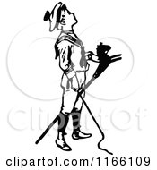 Clipart Of A Retro Vintage Black And White Boy In A Sailor Costume Standing With A Stick Horse Royalty Free Vector Illustration