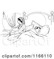 Clipart Of A Retro Vintage Black And White Boy Sitting Awake By A Sleeping Brother Royalty Free Vector Illustration