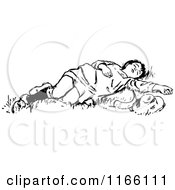 Poster, Art Print Of Retro Vintage Black And White Boy Sleeping In Grass