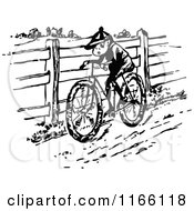 Clipart Of A Retro Vintage Black And White Boy Riding A Bike In The Country Royalty Free Vector Illustration