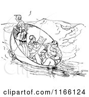 Clipart Of Retro Vintage Black And White Men In A Boat Royalty Free Vector Illustration