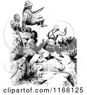 Clipart Of Retro Vintage Black And White Soldiers Hopping Rocks Royalty Free Vector Illustration by Prawny Vintage