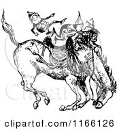 Clipart Of Retro Vintage Black And White Boys On A Bucking Horse Royalty Free Vector Illustration
