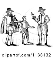 Clipart Of A Retro Vintage Black And White Boy And Man At The Tailor Royalty Free Vector Illustration