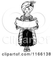 Clipart Of A  Retro Vintage Black And White Arabian Boy Holding A Scroll Royalty Free Vector Illustration