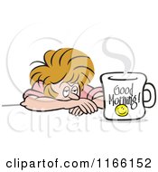 Tired Woman Glaring At A Good Morning Coffee Mug
