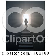 Poster, Art Print Of 3d Silhouetted Man Walking Up Stairs To An Open Door With Bright Light 3