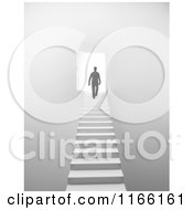 3d Silhouetted Man Walking Up Stairs To An Open Door With Bright Light