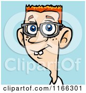 Cartoon Of A Buck Toothed Bespectacled Red Haired Man Avatar On Blue Royalty Free Vector Clipart