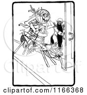 Clipart Of Retro Vintage Black And White Land Of Oz Characters On A Wooden Horse Royalty Free Vector Illustration