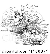 Clipart Of Retro Vintage Black And White Land Of Oz Characters On A Wooden Horse Crashing Into Water Royalty Free Vector Illustration