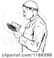 Clipart Of A Retro Vintage Black And White Monk Reading Royalty Free Vector Illustration