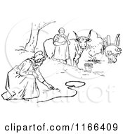 Clipart Of A Retro Vintage Black And White Man Watching A Woman Feed A Mouse Royalty Free Vector Illustration