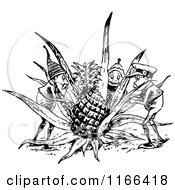 Clipart Of A Retro Vintage Black And Whitegnomes And A Pineapple Royalty Free Vector Illustration