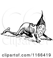 Clipart Of A Retro Vintage Black And White Crawling Gnome Royalty Free Vector Illustration