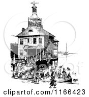 Clipart Of A Retro Vintage Black And White Busy River House Royalty Free Vector Illustration