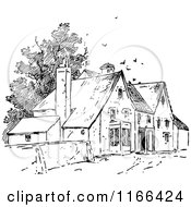 Clipart Of Retro Vintage Black And White Birds Over Houses Royalty Free Vector Illustration