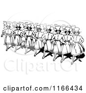 Clipart Of Retro Vintage Black And White Female Soldiers Arm In Arm Royalty Free Vector Illustration