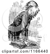 Clipart Of A Retro Vintage Black And White Man Leaning Over A Book Royalty Free Vector Illustration