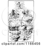Clipart Of A Retro Vintage Black And White Horse And Men On A Mountain Royalty Free Vector Illustration