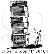 Poster, Art Print Of Retro Vintage Black And White Match Stick Man With A Stack Of Boxes