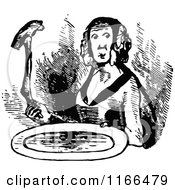 Clipart Of A Retro Vintage Black And White Woman Holding A Plate Royalty Free Vector Illustration