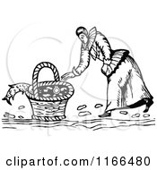 Clipart Of A Retro Vintage Black And White Woman Basket And Fish Royalty Free Vector Illustration