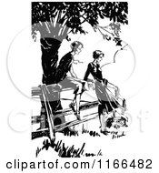 Clipart Of Retro Vintage Black And White Women Visiting At A Fence Royalty Free Vector Illustration