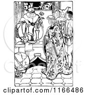 Clipart Of A Retro Vintage Black And White Medieval King Queen And Jester Royalty Free Vector Illustration
