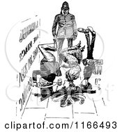 Clipart Of A Retro Vintage Black And White Officer And Upside Down People Royalty Free Vector Illustration