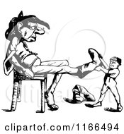 Clipart Of A Retro Vintage Black And White Man Taking A Giants Boots Off Royalty Free Vector Illustration
