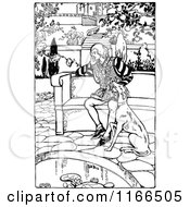 Clipart Of A Retro Vintage Black And White Medieval Man Dog In A Courtyard Royalty Free Vector Illustration