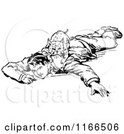 Clipart Of A Retro Vintage Black And White Dog Attacking A Man Royalty Free Vector Illustration
