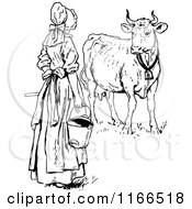 Poster, Art Print Of Retro Vintage Black And White Milk Maid By A Cow