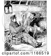 Clipart Of Retro Vintage Black And White Men Sitting On A Ship Royalty Free Vector Illustration