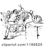 Clipart Of A Retro Vintage Black And White Snail And Scared Men Royalty Free Vector Illustration