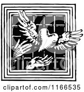 Poster, Art Print Of Retro Vintage Black And White Hands Releasing A Winged Heart Through A Barred Window