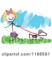 Poster, Art Print Of Happy Little Stick Girl Walking A Dog