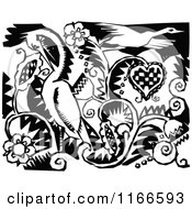 Clipart Of A Retro Vintage Black And White Bird And Floral Design Royalty Free Vector Illustration