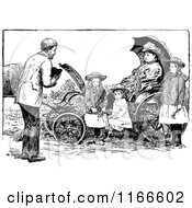 Clipart Of A Retro Vintage Black And White Man Approaching A Woman And Children In A Carriage Royalty Free Vector Illustration