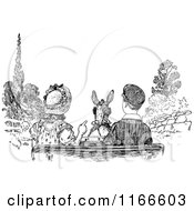 Clipart Of Retro Vintage Black And White Children Riding In A Cart Royalty Free Vector Illustration