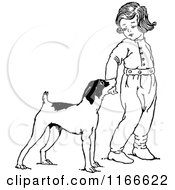 Clipart Of A Retro Vintage Black And White Dog And Child Royalty Free Vector Illustration