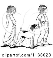 Clipart Of A Retro Vintage Black And White Dog And Children Royalty Free Vector Illustration