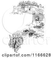 Clipart Of A Retro Vintage Black And White Medieval Hillside City And Soldiers Royalty Free Vector Illustration