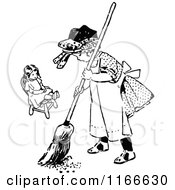 Poster, Art Print Of Retro Vintage Black And White Girl Sweeping By Her Doll