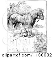 Clipart Of A Retro Vintage Black And White Boy Under A Horse Royalty Free Vector Illustration